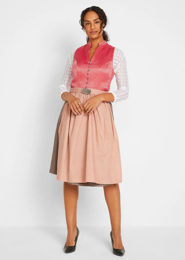 Traje tradicional hasta la rodilla con efecto cómodo (2 piezas) rojo coral/marrón medio/coral ahumado/café con leche